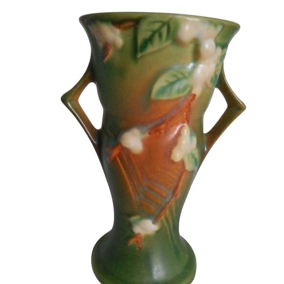 Vintage Roseville Pottery Snowberry 1940's Green Vase Art Deco Handled #2 - Picture 3 of 7